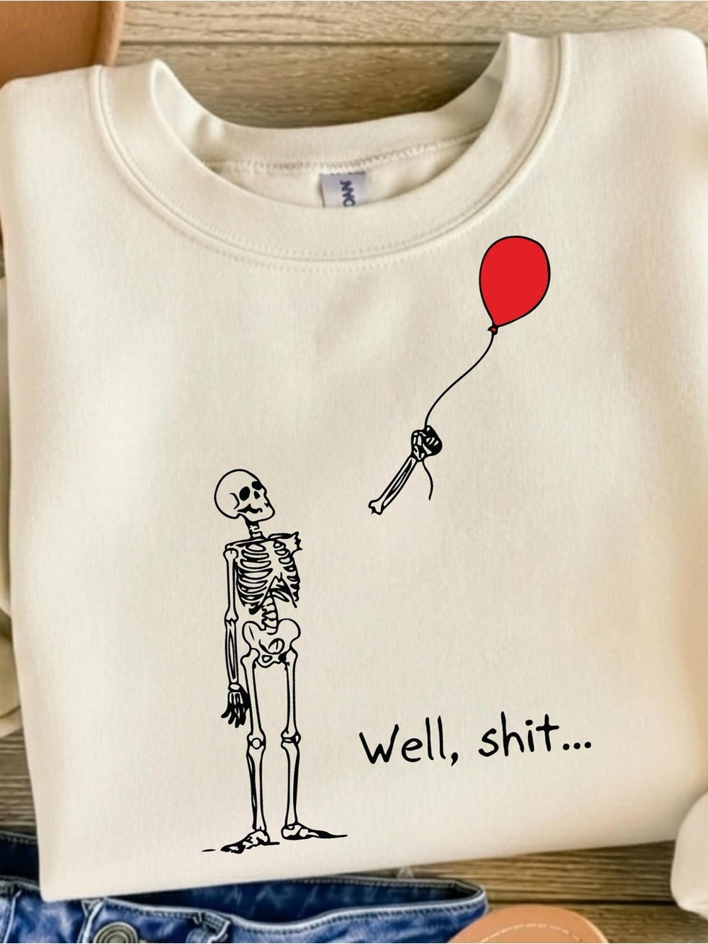 Skeleton Balloon Funny Minimalist Graphic Sweatshirt - Unisex White